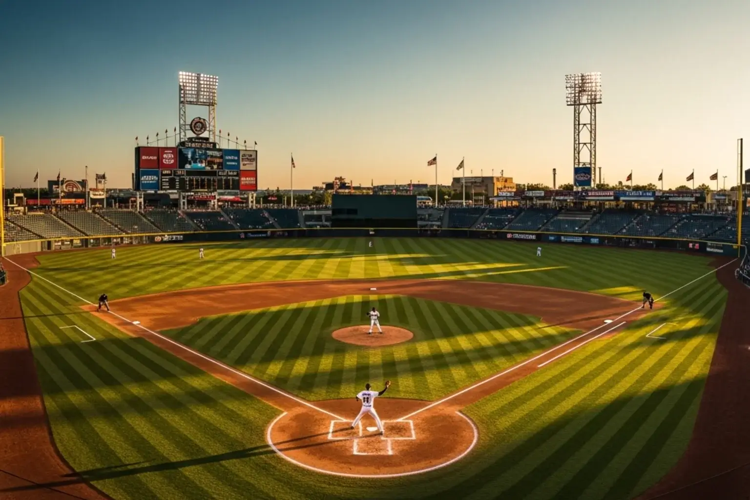 Baseball bets of the day - MLB stadium under evening lights with scoreboard and diamond field