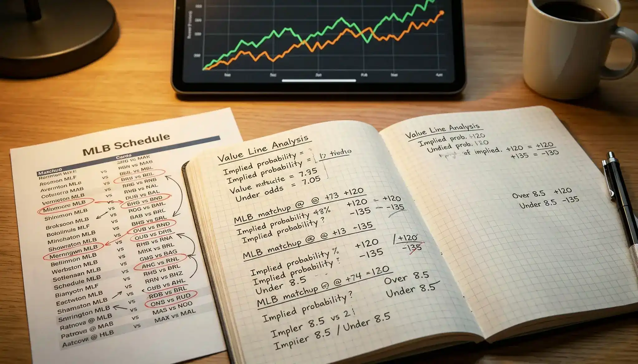 Notebook with MLB betting calculations and odds comparison notes on a desk