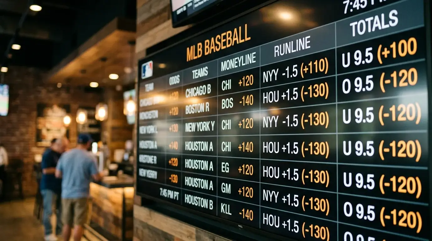 MLB sportsbook odds board showing moneyline, runline and totals lines for baseball games