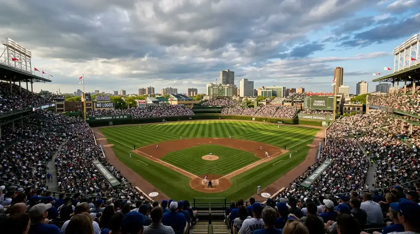 Open-air baseball stadium with wind flags showing wind direction and field conditions