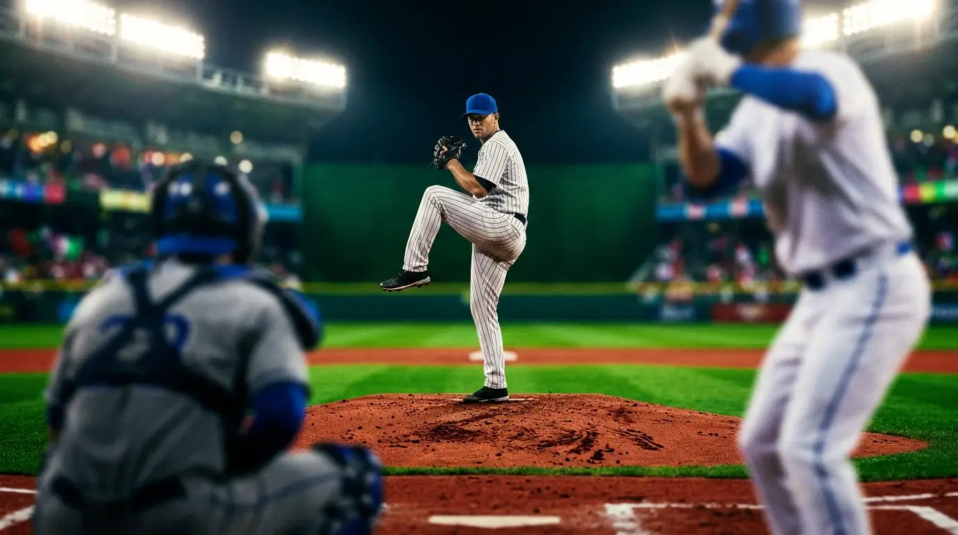 MLB starting pitcher delivering a pitch from the mound under stadium lights