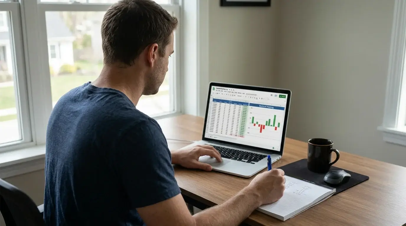 Person reviewing a baseball betting log and bankroll spreadsheet on a laptop